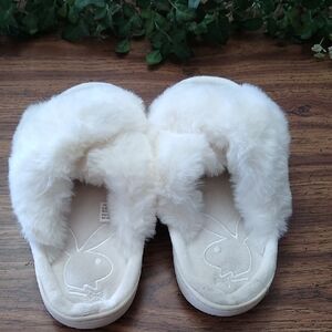 ♥️Playboy White Fluffy Slippers with Bunny Logo